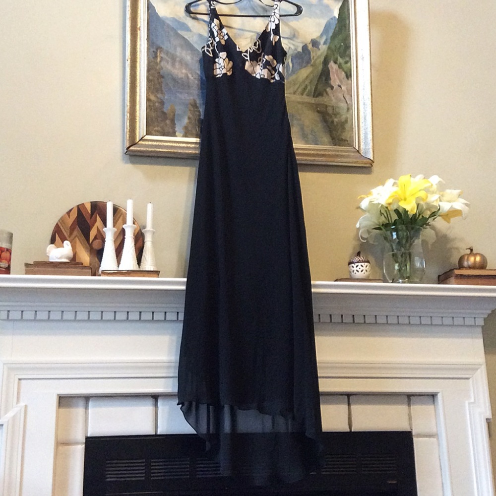 Black & champagne, evening dress with train.